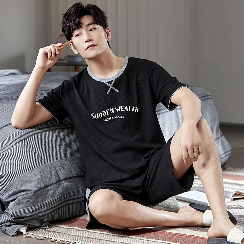 Summer Full Cotton Short Sleeved Men's Pajamas Sets Male Pajama Set Letter Pajama For Men Sleepwear Suit Homewear Big Yards 4XL