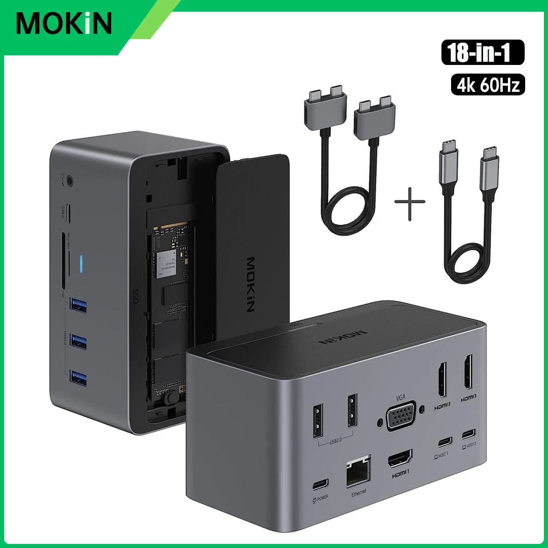 Док-станция MOKiN USB C адаптер с двойным HDMI,SD/TF,VGA,RJ45 ...