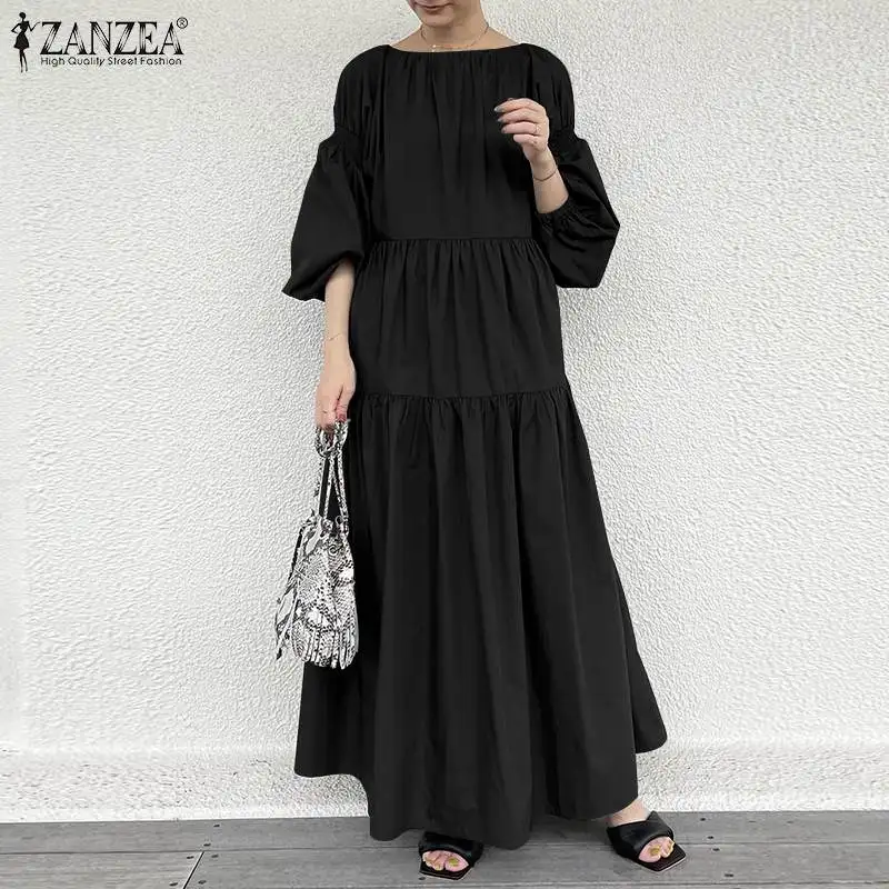 

Vintage Puff Sleeve Solid Dress Women's Spring Sundress Elegant Holiday Party Dress Female A Line Pleated Robe Femme Oversized