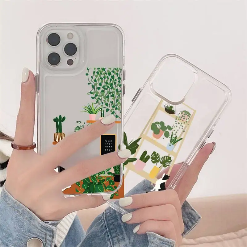 

cat and plant banana palm leaves cartoon art Phone Case Transparent soft For iphone 12 11 13 7 8 6 s plus x xs xr pro max mini