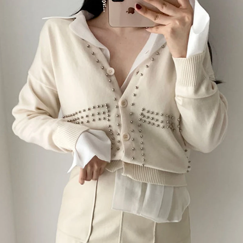 

Осенний модный вязаный кардиган, свитер, Женский повседневный элегантный кардиган с V-образным вырезом, топы с заклепками, кардиганы, кавайные свитера 23063