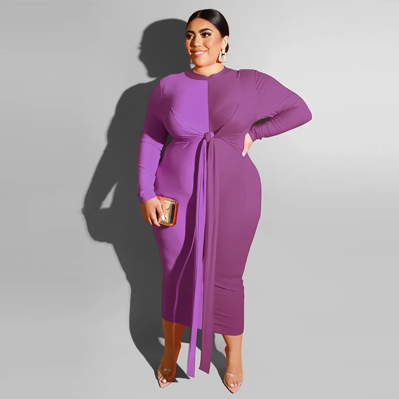 Plus Size Women's Dress Autumn/Winter 2022 New Clean Color Contrast Tight Wrap Hip Sexy Strap Long Dress Temperament Commuter