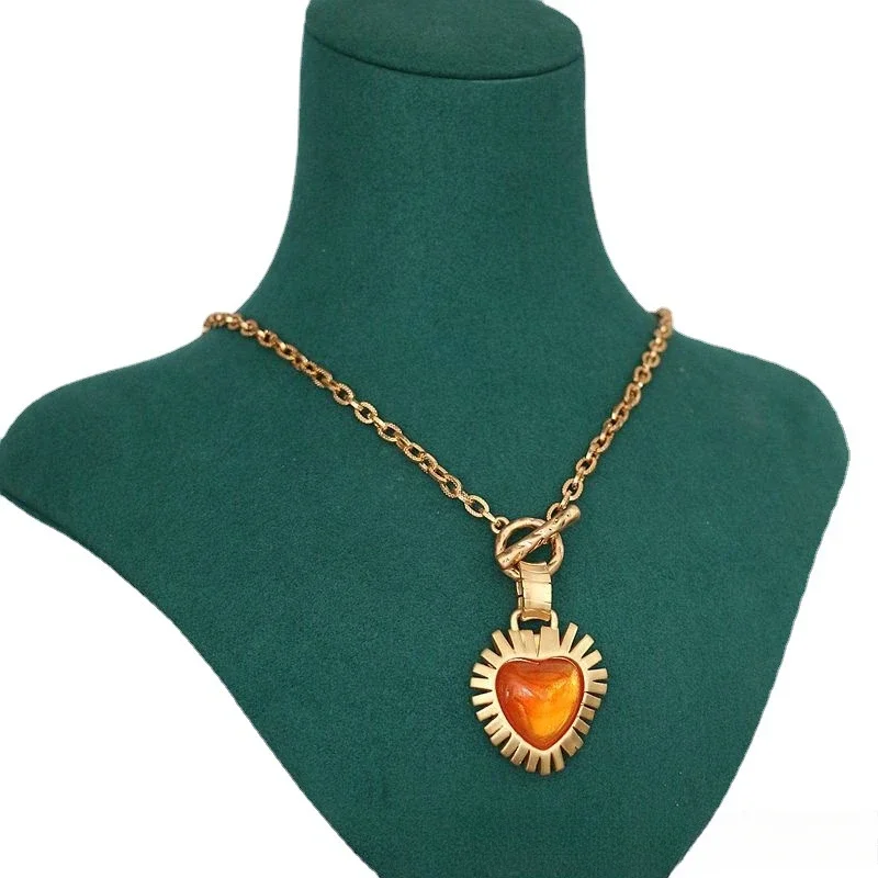 Классический ретро оранжевый драгоценный камень сердце ожерелье серьги