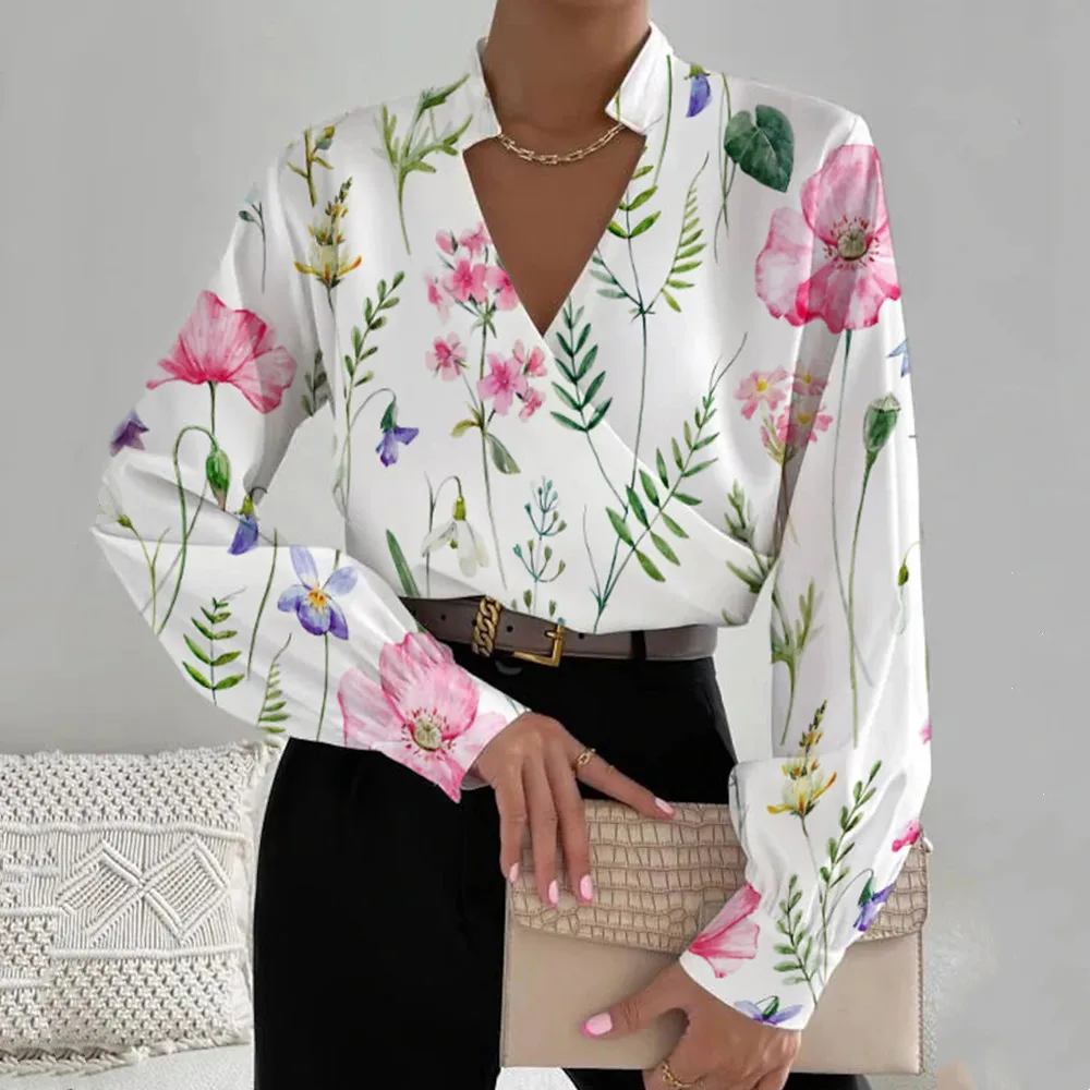 

Office Lady Pullover Blouse V Neck Long Sleeve Casual Floral Print 2023 Autumn Spring White Shirt Female Women Clothing Blusas