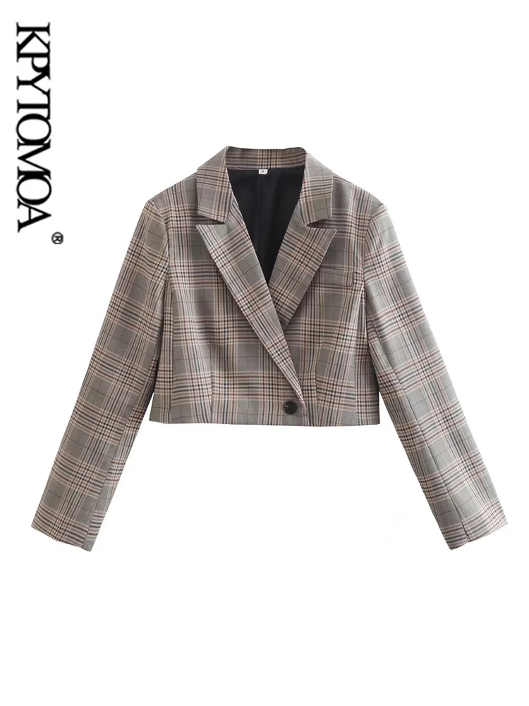 

KPYTOMOA Women Fashion Front Buttons Cropped Check Blazer Coat Vintage Notched Collar Long Sleeve Female Outerwear Chic Tops