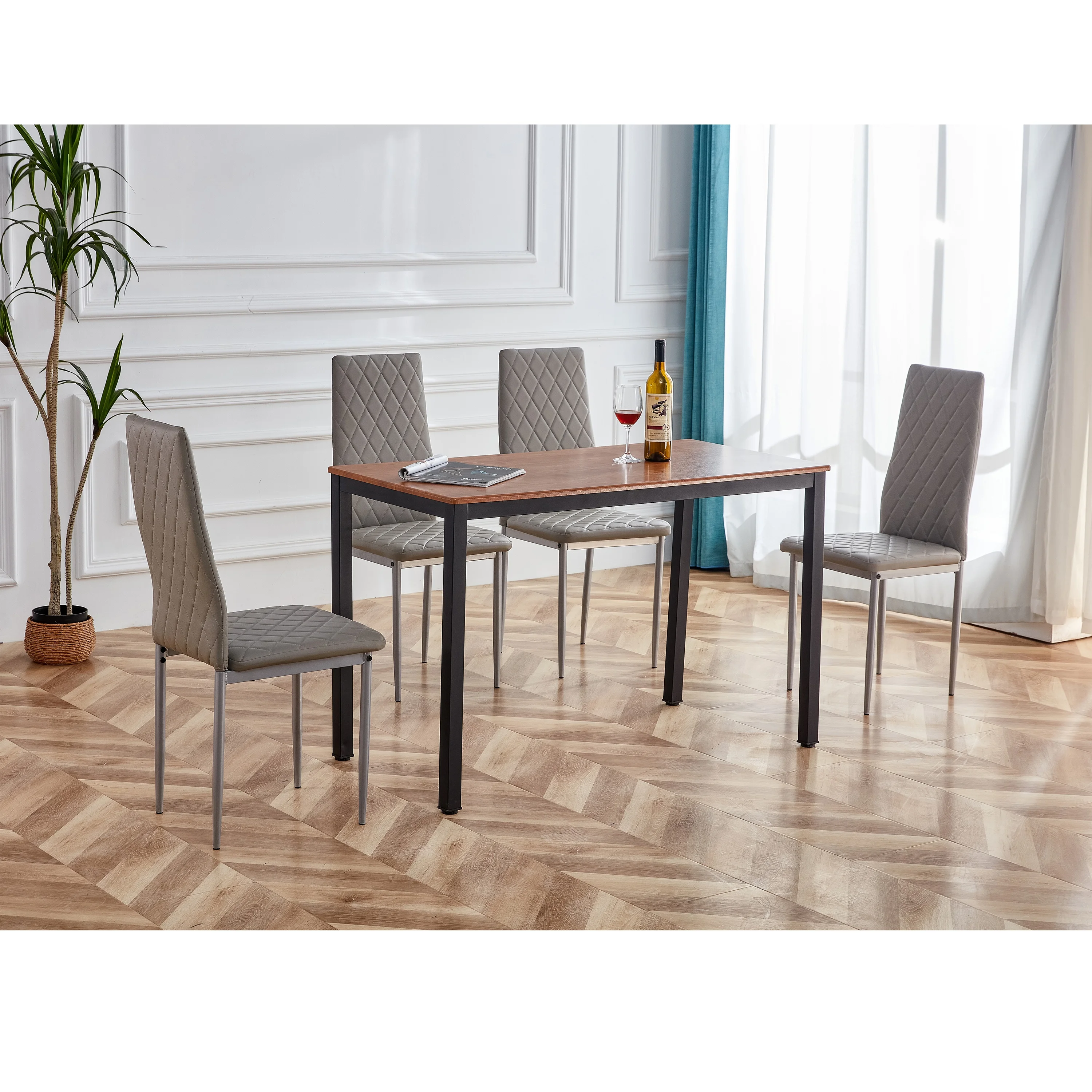 

5pcs Retro Style Dining Table And Chair Hotel Dining Table And Chair Conference Chair Outdoor Activity Chair Pu Leather