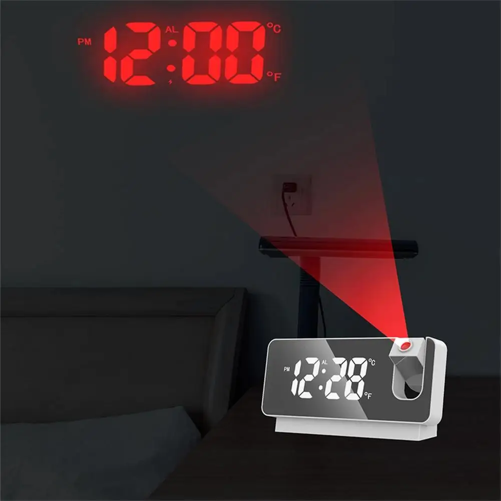 

180° Rotation Projection Alarm Clock for Bedroom LED Colorful Digital Projection on Ceiling USB Charger Time Projector Dual Loud