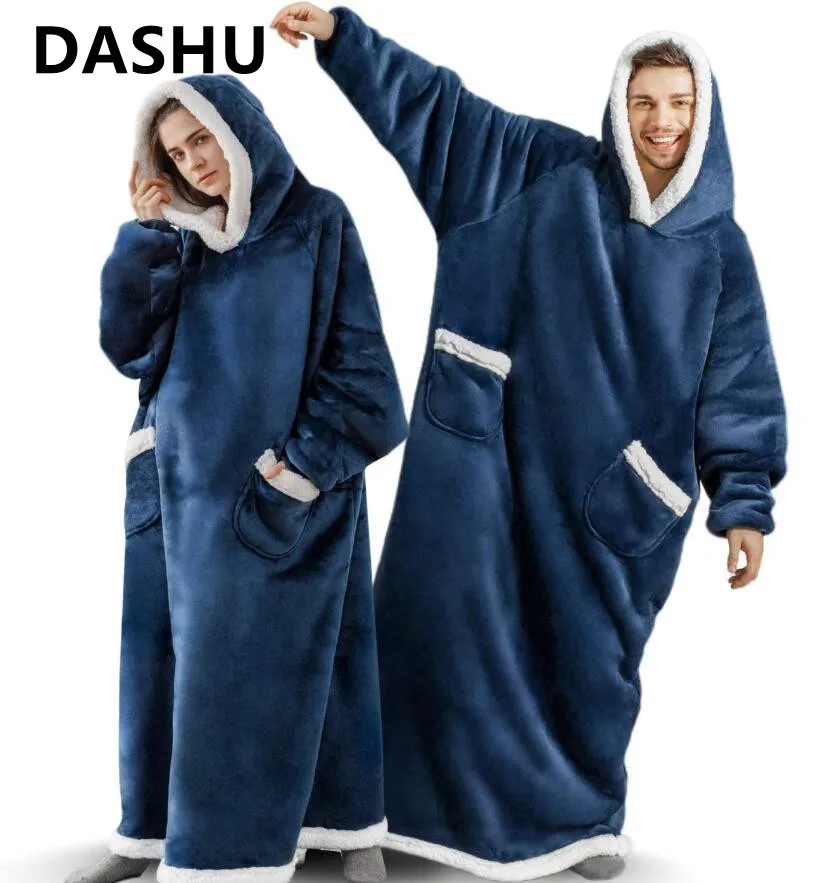 

Супердлинное фланелевое одеяло DASHU с рукавами, Зимние толстовки, свитшот, женский и мужской пуловер, Флисовое одеяло большого размера для ТВ...