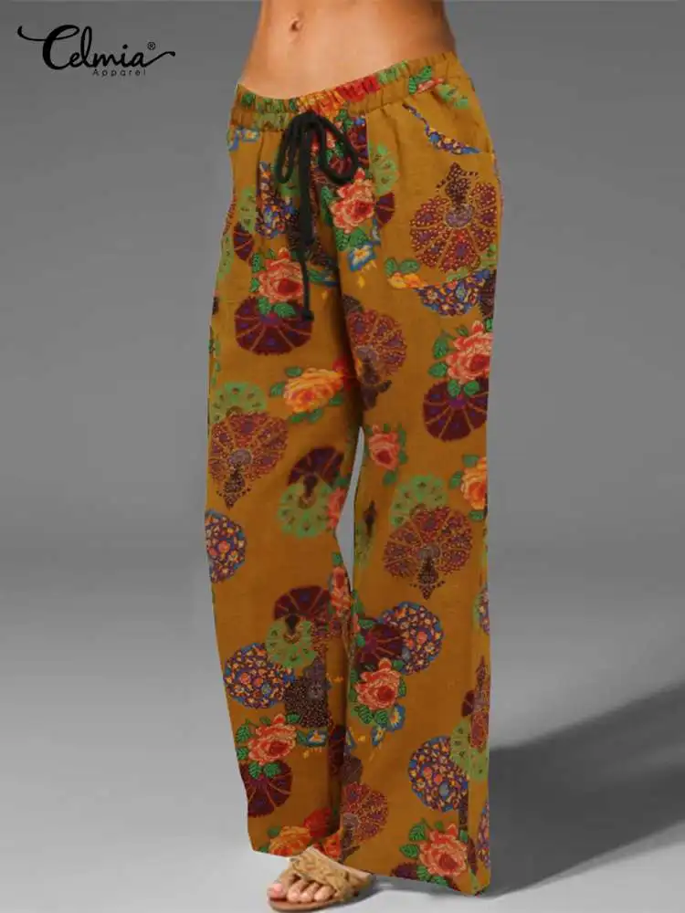 

Celmia Women Vintage Flower Printed Pants Oversize Wide Leg Cotton Trousers 2022 Autumn Drawstring Casual Loose Long Pantalon