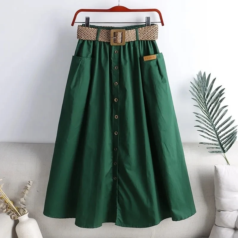 Юбка женская с поясом на резинке Модная хлопковая однобортная трапециевидная