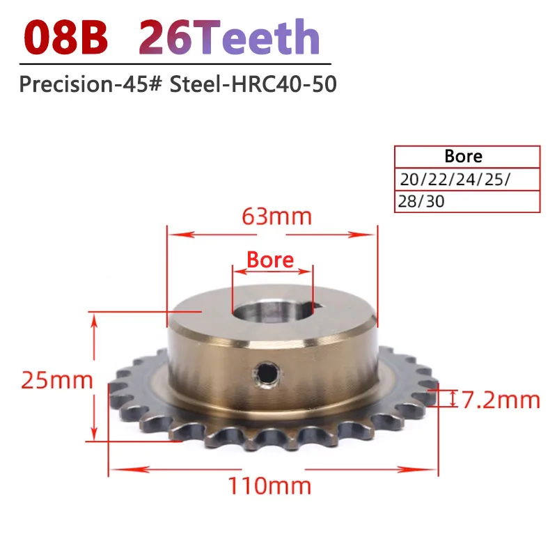 

1pc 26T 08B Chain Gear 26 Teeth Precision Industrial Drive Sprocket Wheel Keyway Bore 20/22/24/25/28/30mm 45# Steel HRC40-50