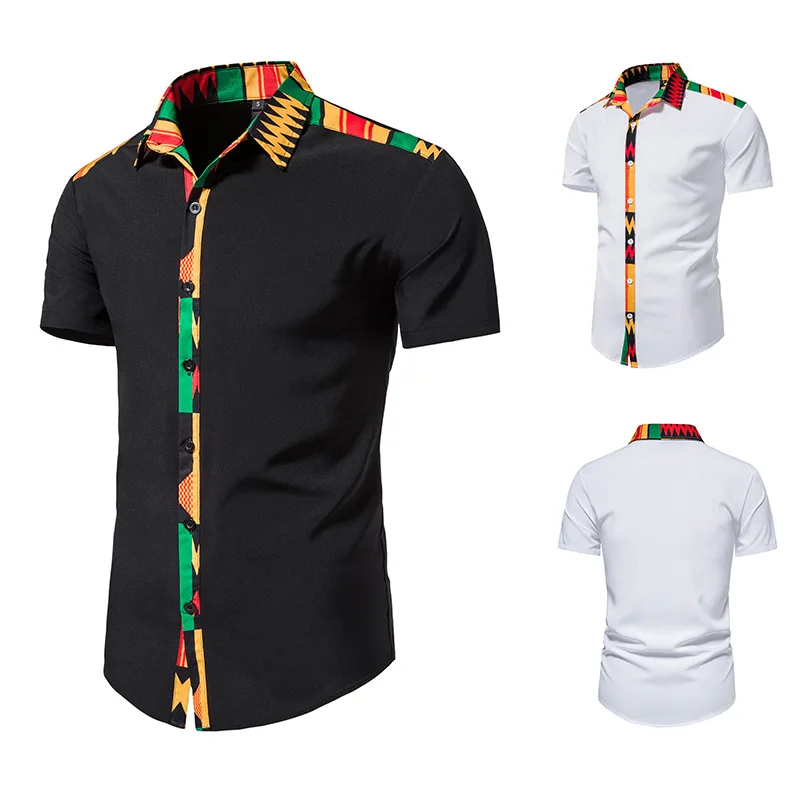 2022 New Men's Personality Shirts Short Sleeve African Print Patchwork Design Short Sleeve Button Shirts Traditional Shirts