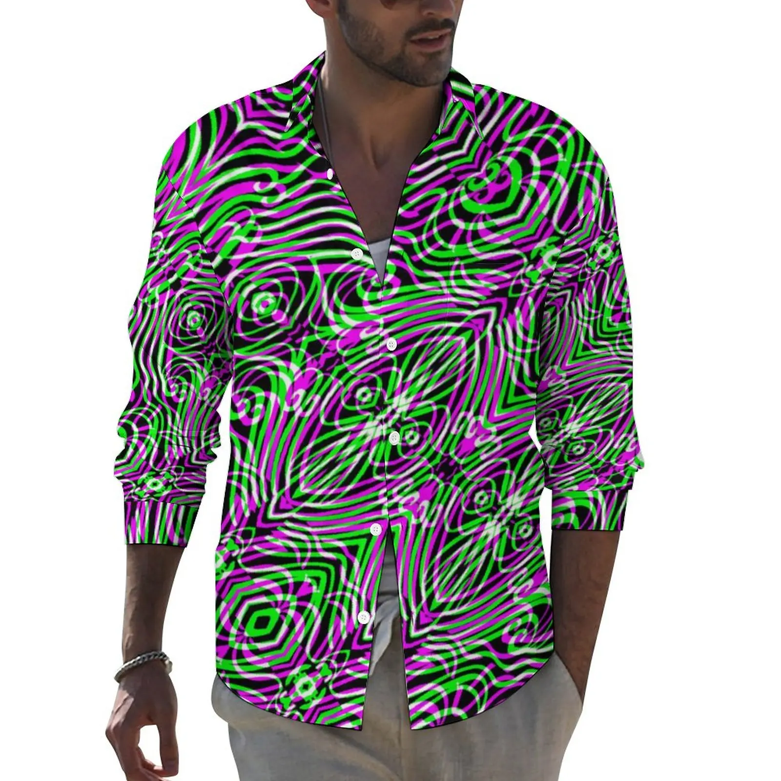 

Geometry Casual Shirts Male Fluid Lines Print Shirt Long Sleeve Fashion Aesthetic Blouses Autumn Graphic Tops Plus Size 3XL 4XL