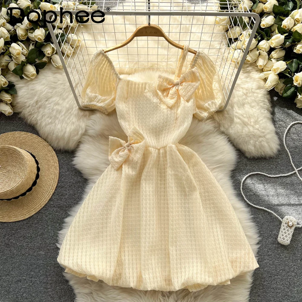

Korean Style 2022 Summer New Sweet Elegance Bow Puff Short Sleeve Mini Dress Girls Princess French Retro High Waist Short Dress