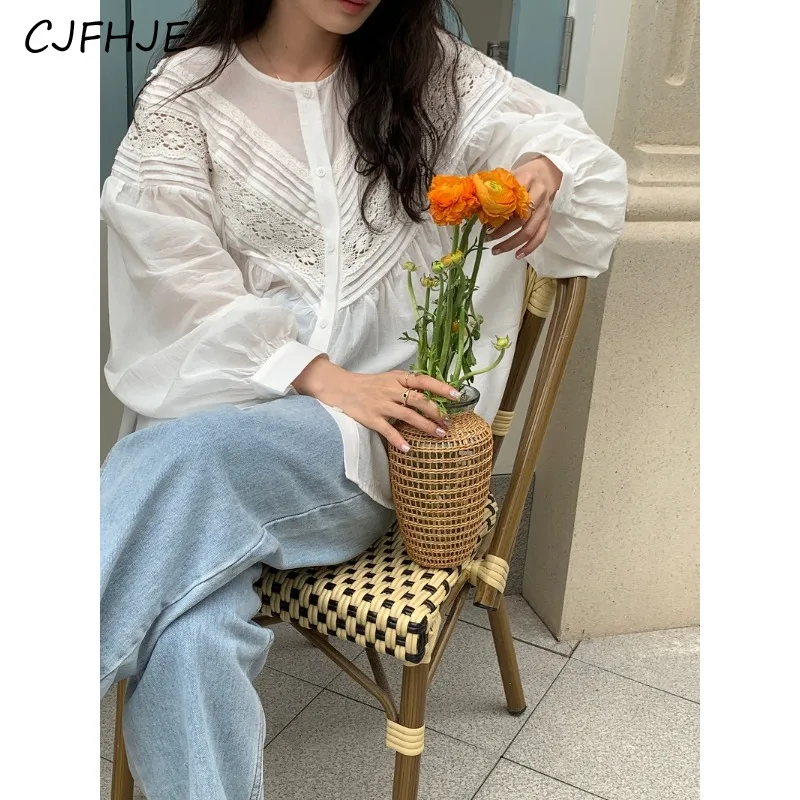 CJFHJE Новинка Женская однотонная плиссированная кружевная рубашка в стиле пэчворк