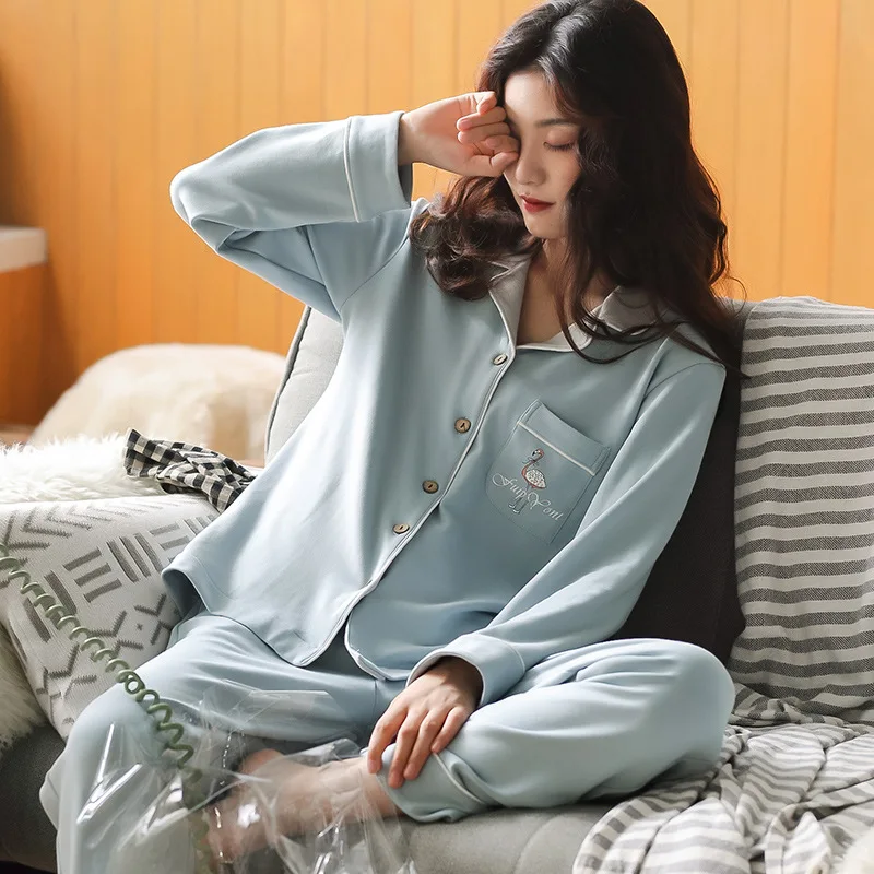 

Spring Autunm New Women Cotton Long Sleeve Homewear Lady Loose Casual Sleepwear Cartoon Pajamas Nightwear Suit