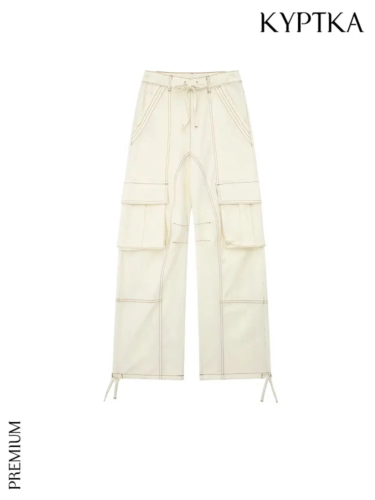 

Женские брюки-карго KYPTKA, черные винтажные брюки средней длины с боковыми накладными карманами и эластичным поясом на завязках,