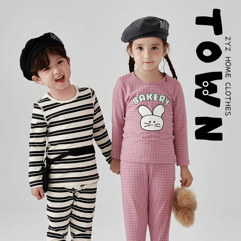 

Детские пижамные комплекты, детская осенне-зимняя хлопковая Футболка с буквенным и клетчатым принтом и длинным рукавом, нижняя одежда для мальчиков и девочек, 2 предмета