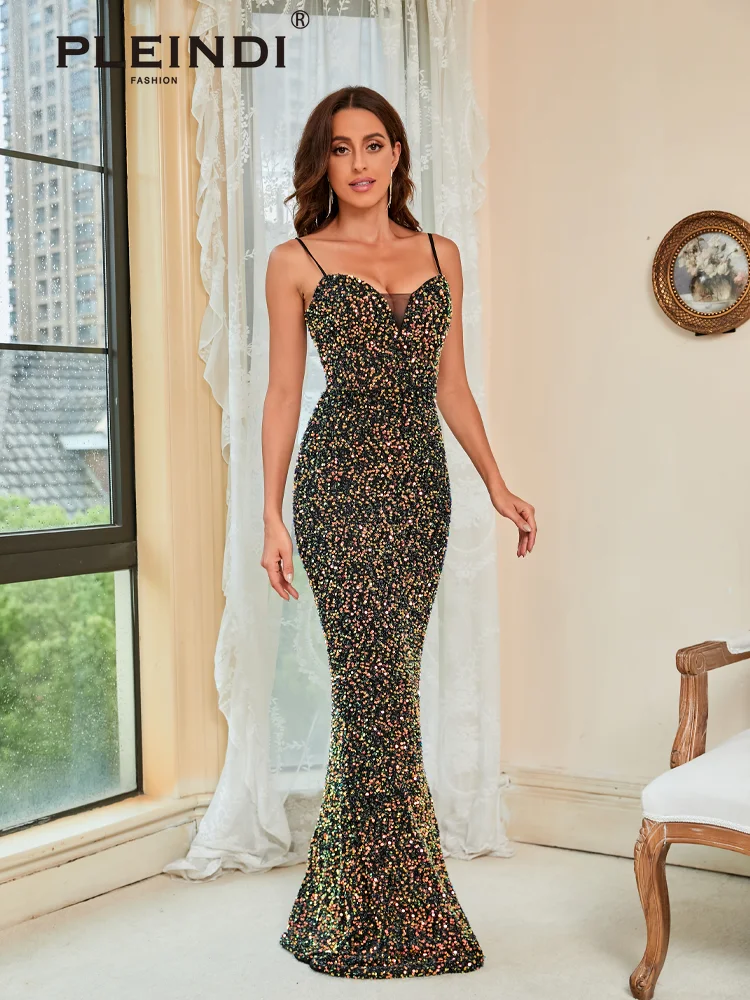 PLEINDI Luxury Evening Dresses V-Neck Spaghetti Strap Mermaid Floor-Length Sequin 2022 New of Sequined Exquisite Prom Dress Wome