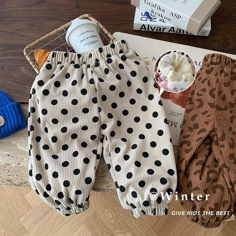 

New Winter Children's Polka Dot Casual Pants Baby Boys Corduroy Fleece Trousers Toddler Girls Leopard Print Sweatpants 0-7 Years