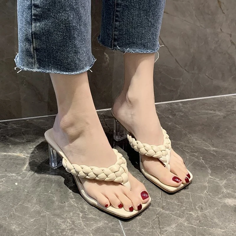 

High Heel Slippers Women Woven Vamp Square Head Flip Flops 2022 New Clear Heel Fashion Green Shoes Pumps Casual Summer Sandals