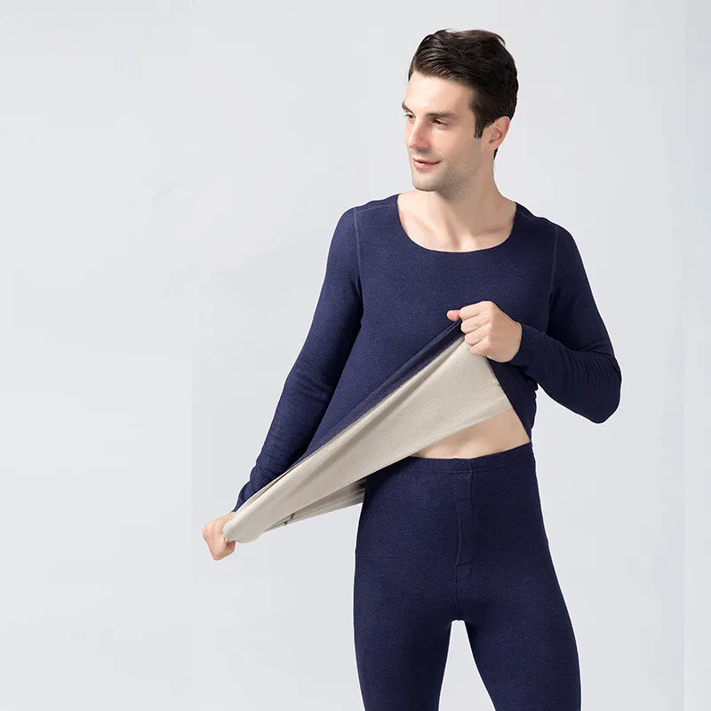 New Autumn and Winter Men's Autumn Clothes and Pants Set Thickened Warm Darlon Pajama Set Thermal Underwear Solid Color Men