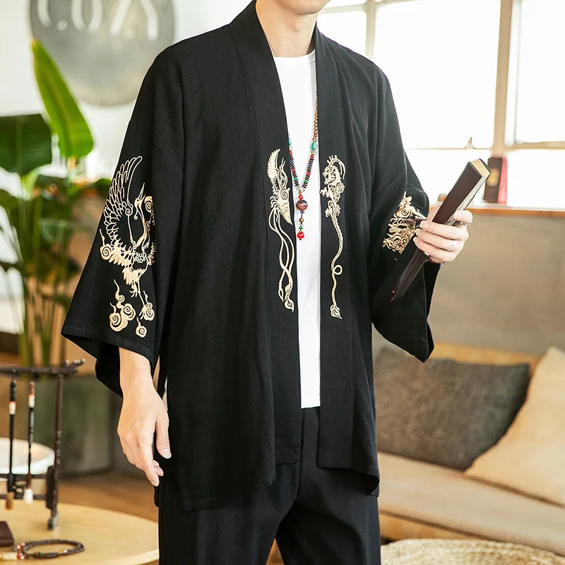 

Chinese Style Dragon Embroidery Japanese Kimono Cardigan Men Tops Three-Quarter Sleeves Hanfu Shirt Summer 2022 New Fashion