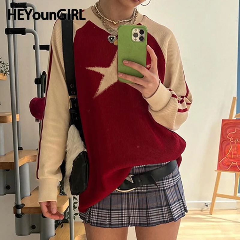 

Зимний свитер HEYounGIRL со звездами Y2K, свободные вязаные пуловеры контрастных цветов с круглым вырезом и длинным рукавом, модные женские топы в стиле преппи