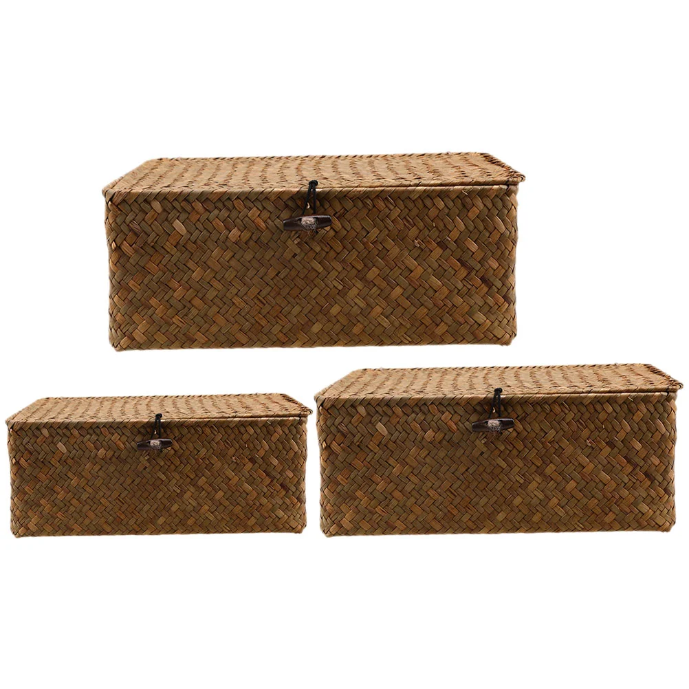 

3 Pcs Home Accents Decor Woven Baskets Lids Makeup Organizer Storage Portable Case Seaweed Rustic Bins