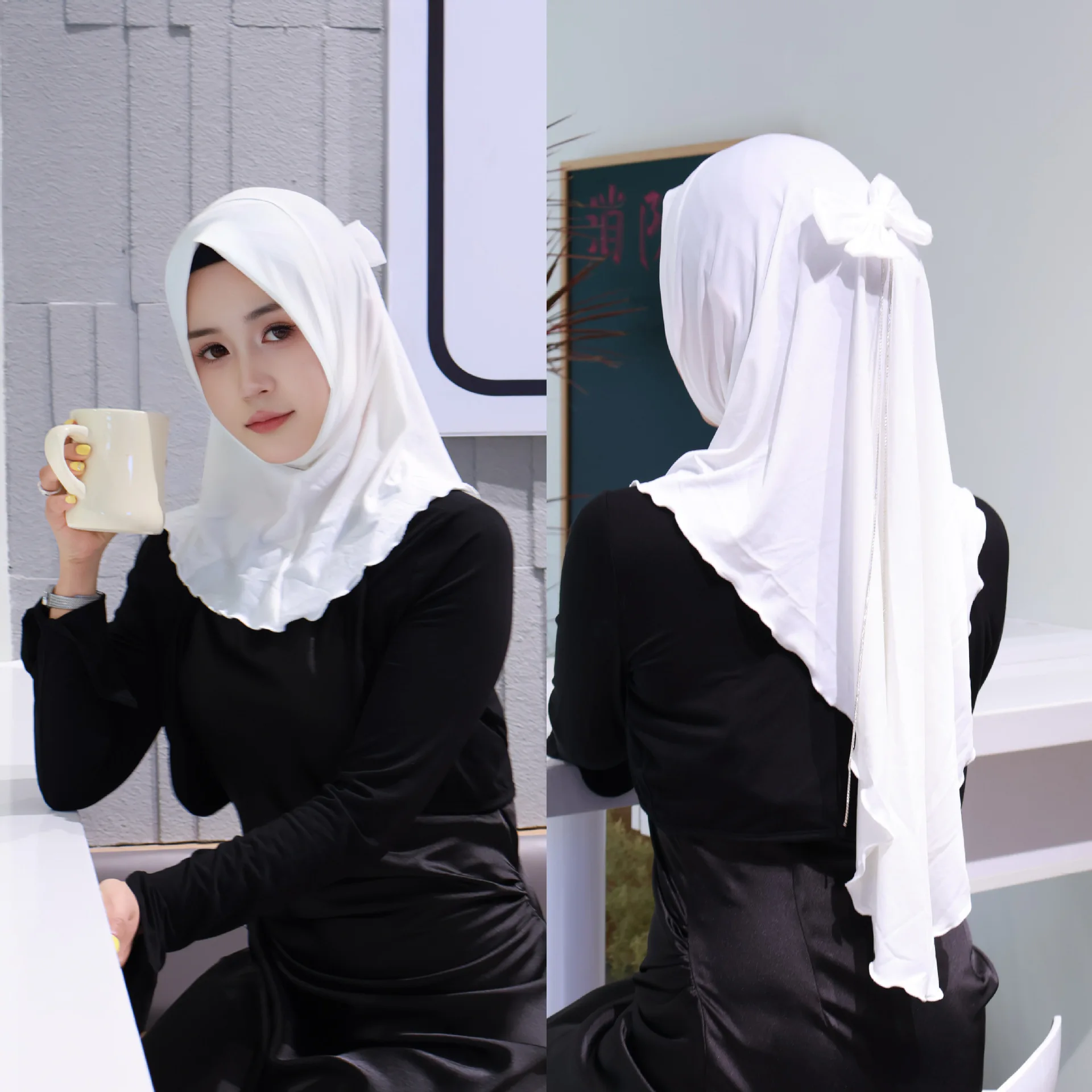 Fashion Bowknot Hijab Women Muslim Instant Scarf Turban Pull On Ready Made To Wear Headscarf One Piece Amira Islam Niqab Nikab