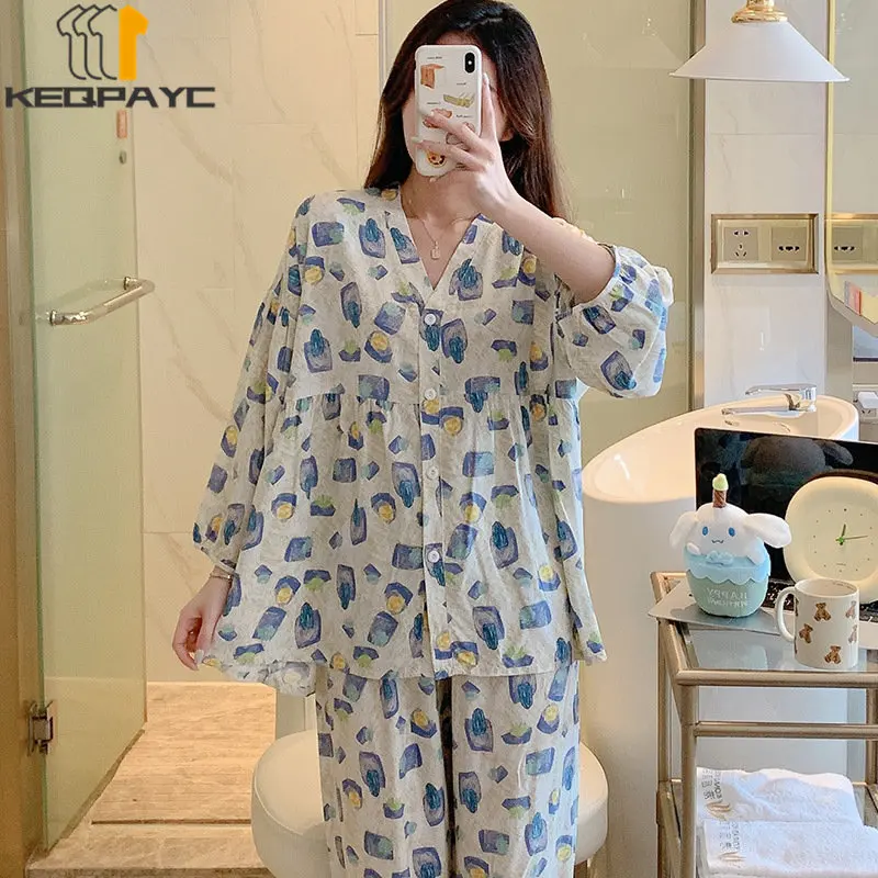 Women's Pajamas New 2023 Spring Autumn Long Sleeve V-neck Thin Cardigan Sleepwear Women Cartoon Floral Nightwear Clothing Sets