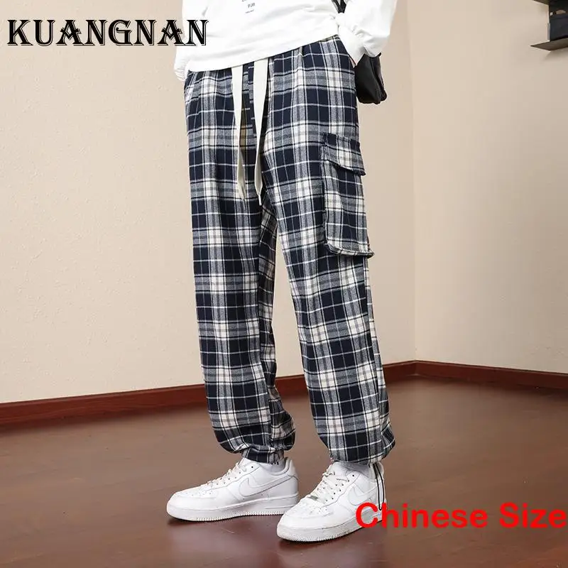

Прямые клетчатые брюки KUANGNAN, спортивные мужские брюки в стиле хип-хоп, одежда в Корейском стиле, Прямая поставка, мужская мода, джоггеры 2XL 2023