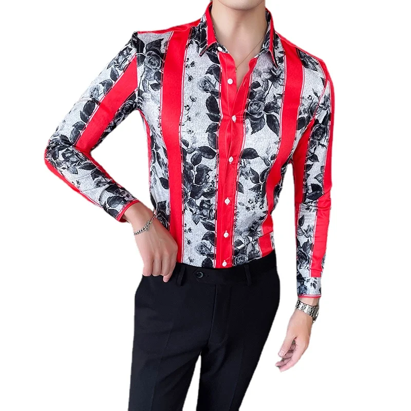 2022High Quality Men's long-sleeved printed stitching high-end Korean style trendy slim casual business professional M-4XL shirt