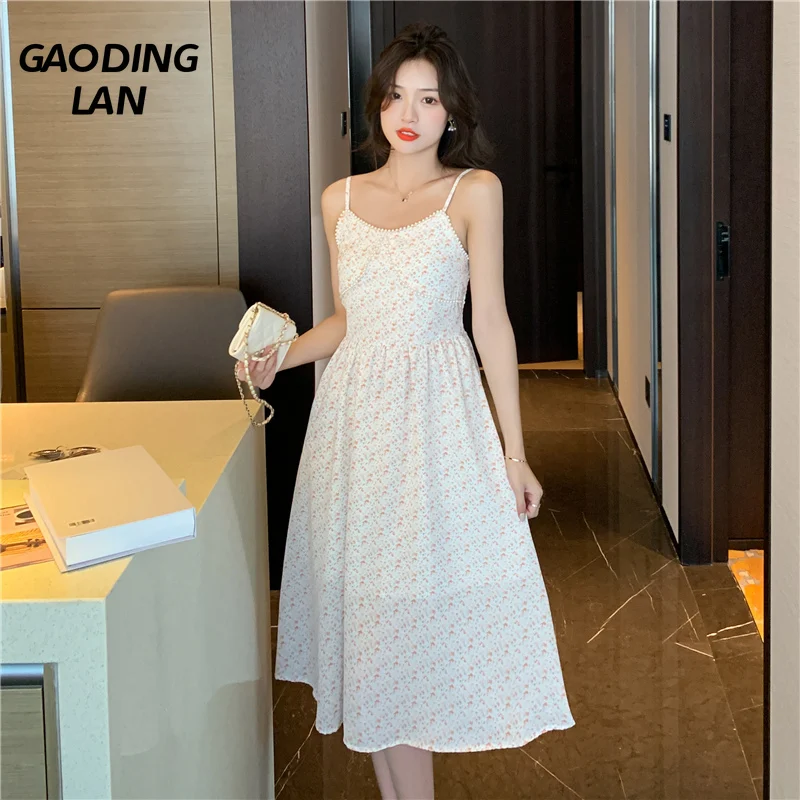 

Summer Women Sleeveless Suspender Dress Versatile High Waist A Line Dress Female Mid Calf Floral Print Sexy Pearl Sling Dress