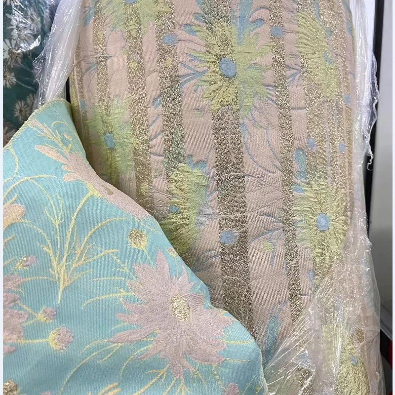 

145cm Width Pink Three-Dimensional Golden Embroidery Flowers Broken Satin Brocade Cheongsam Hand-Made DIY Clothing Fabric