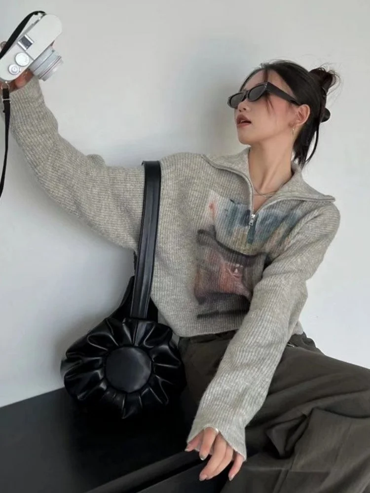 Y2k винтажные вязаные свитера с высоким воротником пуловер на молнии женские