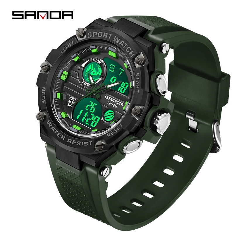 

SANDA Men Sport Watch LED Light Alarm Digital Clock Dual Time Display Week Auto Date Backlight Youth Quartz Wristwatches Male
