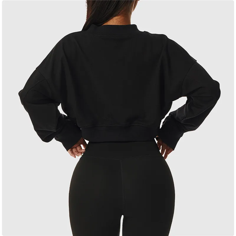 Solid Color Comprehensive Training Sport Long Sleeve Yoga Shirt Coat Lose Sweatshirt Fitness Deep V Women Pocket Pullover Wear
