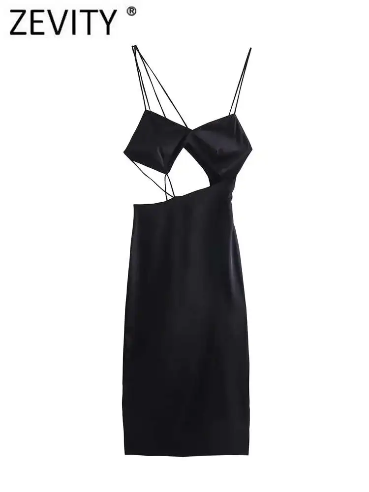 

Zevity New Women Sexy V Neck Hollow Out Spaghetti Strap Soft Sling Dress Female Chic High Street Asymmetric Vestido Mujer DS9389