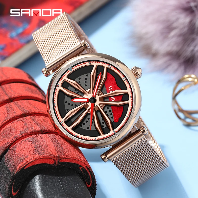 

SANDA 1074 Fashion Hot Sell Car Rim Women Watch Stainless Steel Waterproof Sport 360 Degree Rotating Wheel Dial Quartz Watches