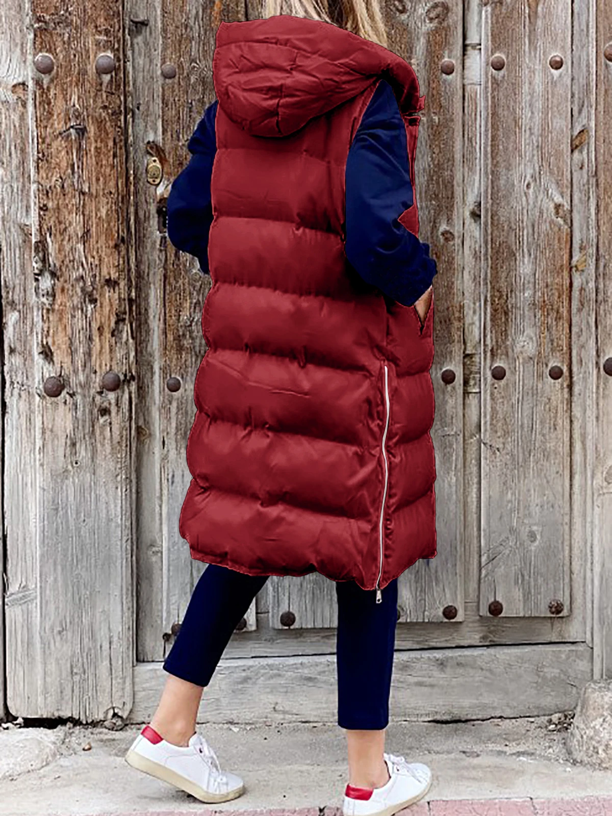 Puffer Jacket Women Sleeveless Vest Long Coat Female Outerwear Autumn Zip Up Cotton Padded Parka Quilted Waistcoat Hooded Coat
