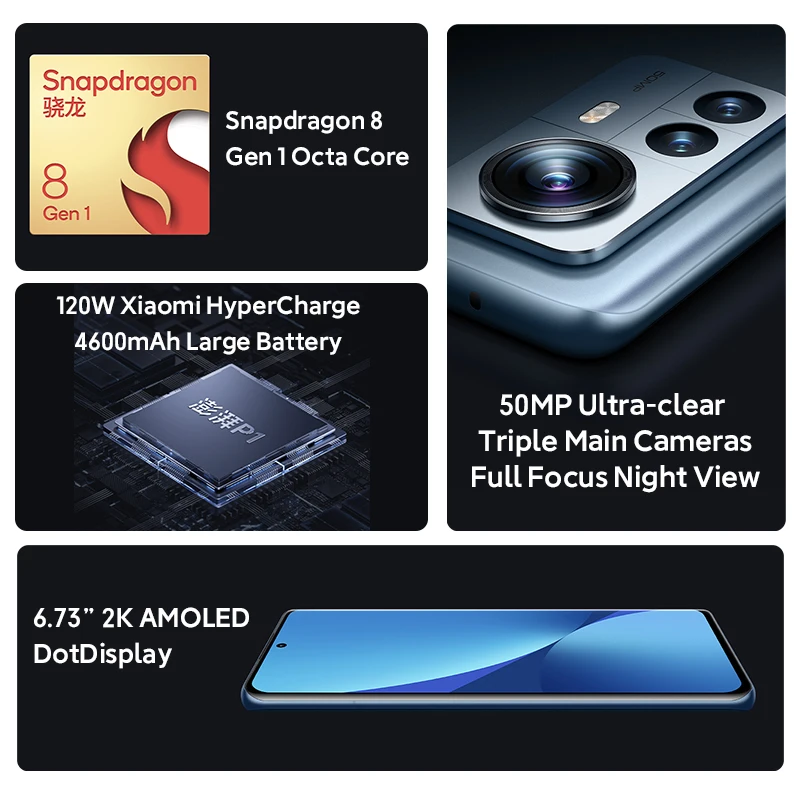 Mi Xiaomi 12 Pro Смартфон Global ROM Телефон Snapdragon 8 10000GB + 256GB 50MP 120W Камера Быстрое зарядное