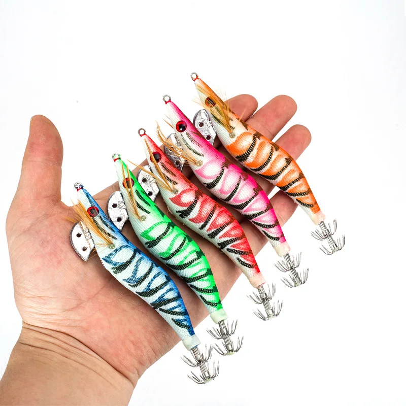 

5pcs Luminous Squid Jig Fishing Wood Shrimp Lure Squid Cuttlefish Jigs Lures Spinnerbait Wood Shrimp with 2.5#-3.0# Hook