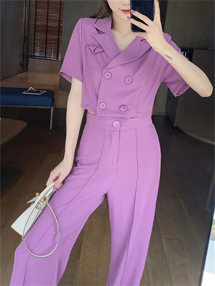 

Women Summer Suit Crop Top High Waist Pants Set Two-piece Outfit Office Clothes