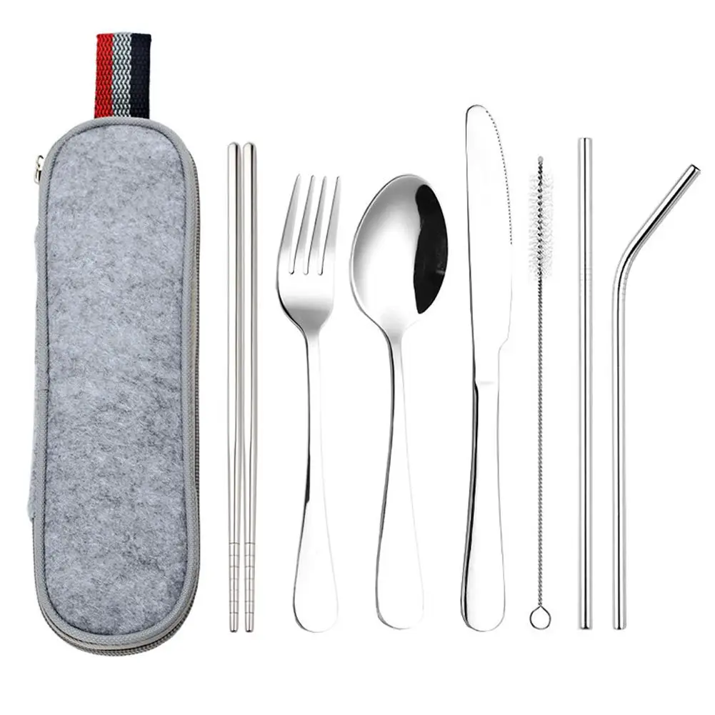 

8pcs Outdoor Camping Cutlery Set 304 Stainless Steel Spoon Fork Chopsticks Juice Straw With Bag Dinnerware Kitchen Accessories