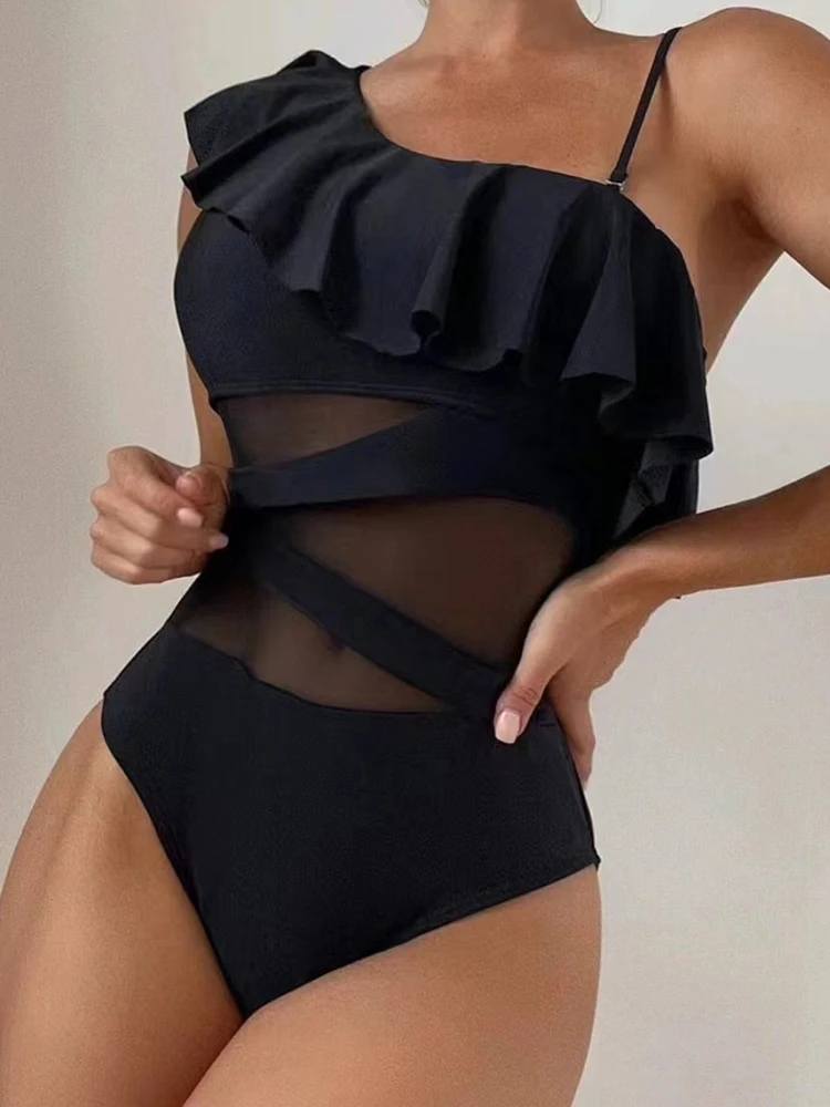 

Купальник женский слитный, купальник 2023, черный прозрачный монокини с оборками, сексуальный купальный костюм с высоким вырезом, женский пляжный летний