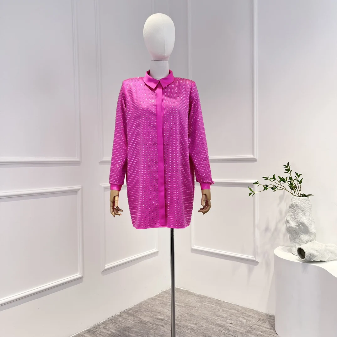 

2022 New Spring Summer High Quality Green Rose Red Fashion Diamonds Glued Long Sleeve Loose Woman Blouse