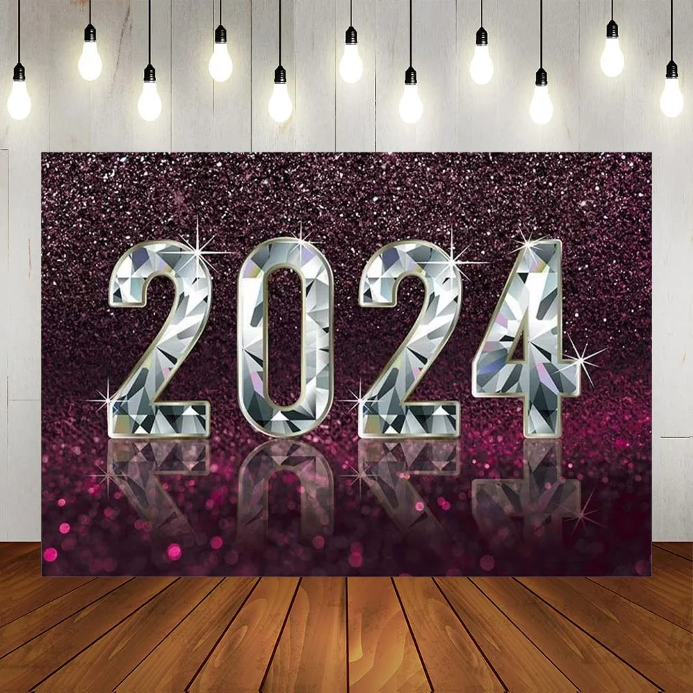

2024 Happy New Year Backdrop Rose Red 2024 New Year Eve Party Decorations Banner Supplies Diamond Silver Glitter Backdrop
