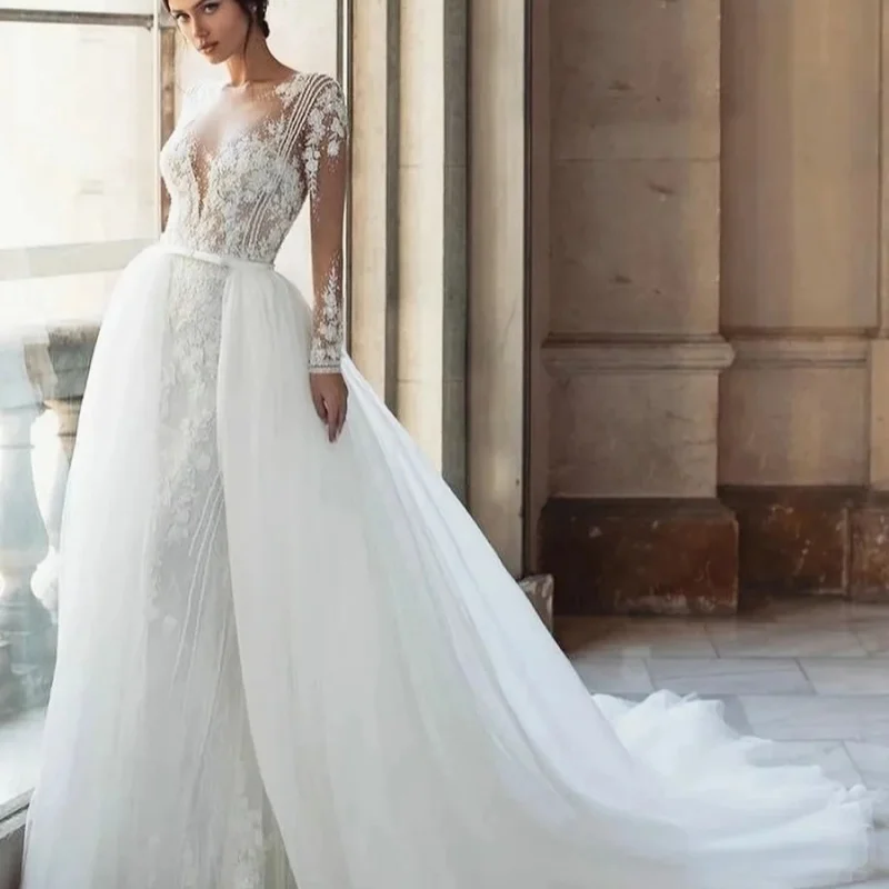 Элегантные иллюзионные свадебные платья в стиле бохо с длинными рукавами по