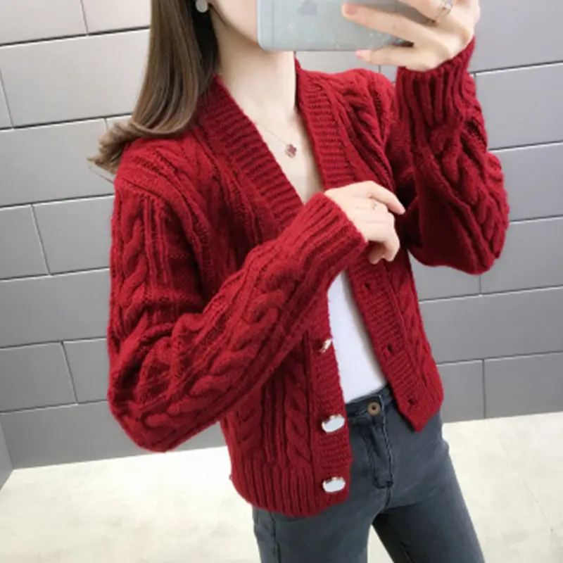 

Red Women's New Knitted Solid Color Sweater Cardiga Ladies Jacket Autumn Winter Button Fashion College Style V-neck Casual Tops
